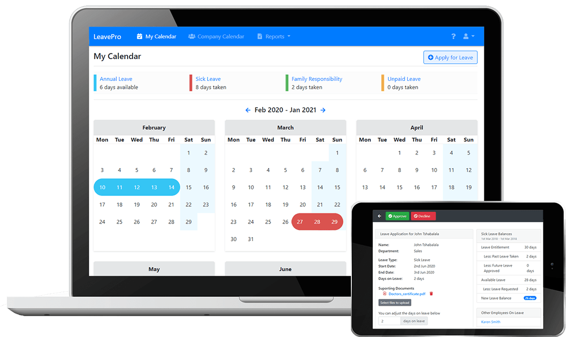 LeavePro screenshot showing employee leave calendar and leave approval screen