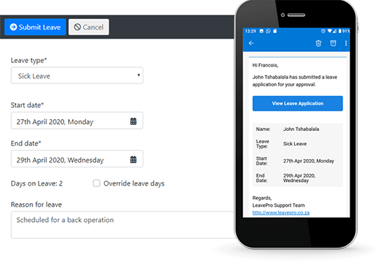 Employee's can apply for leave and check their balances. LeavePro screnshot showing leave application