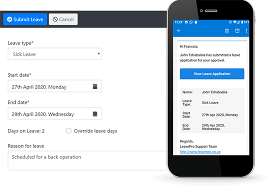 LeavePro screnshot showing leave application