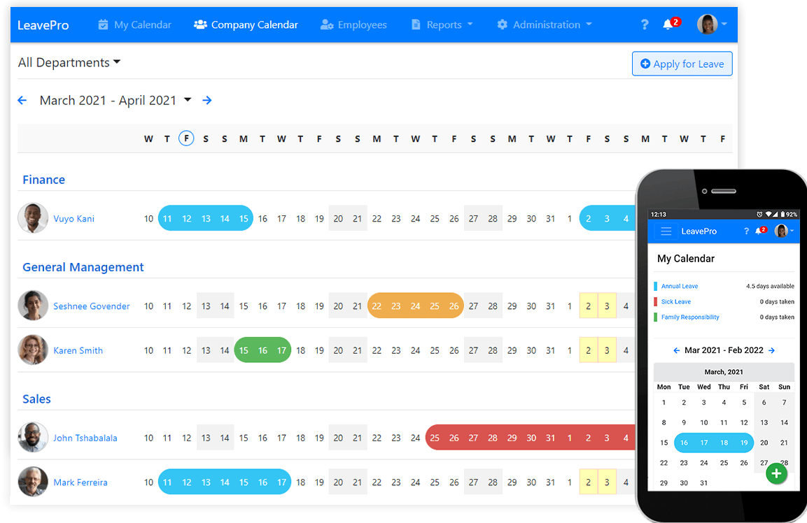 An online leave management system allows easy access to all your leave information in one place LeavePro screnshot showing company leave calendar