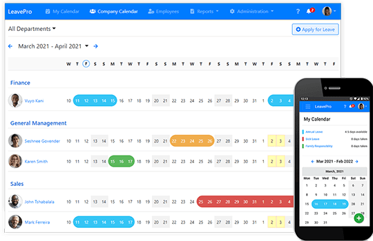 LeavePro screnshot showing company leave calendar