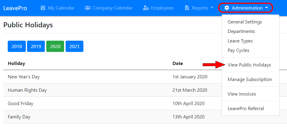 LeavePro public holidays menu