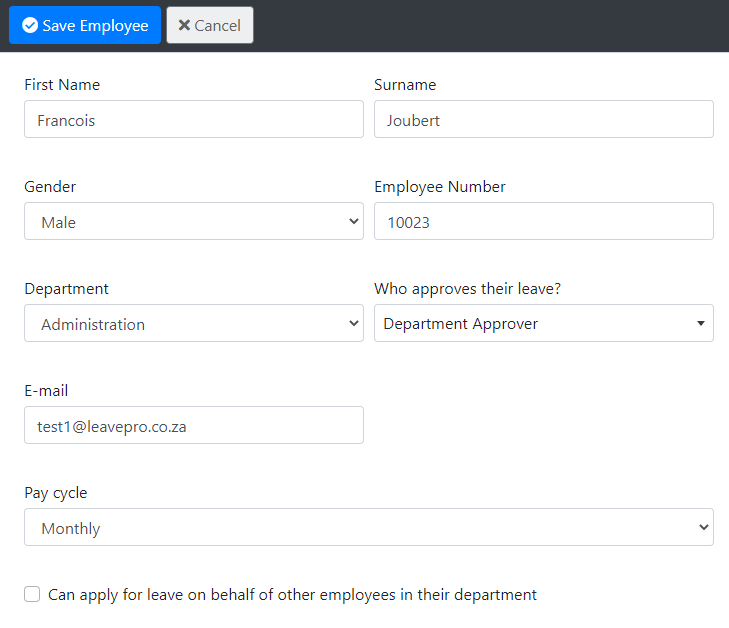 Edit employee screen