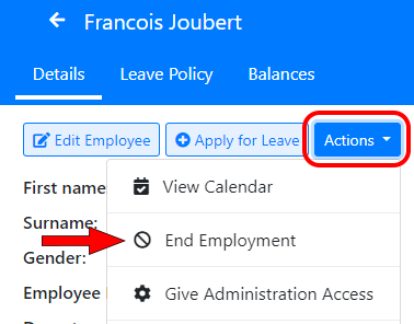 End Employee's employment menu option