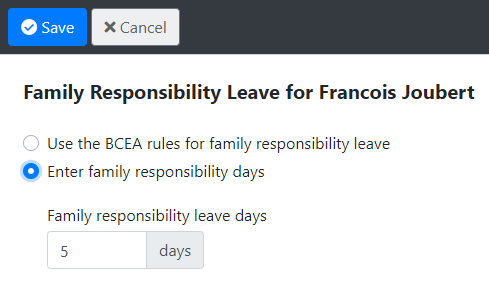 Edit family responsibility leave policy screen