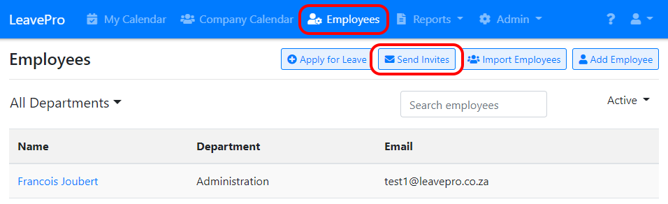 Send invites to all employees button