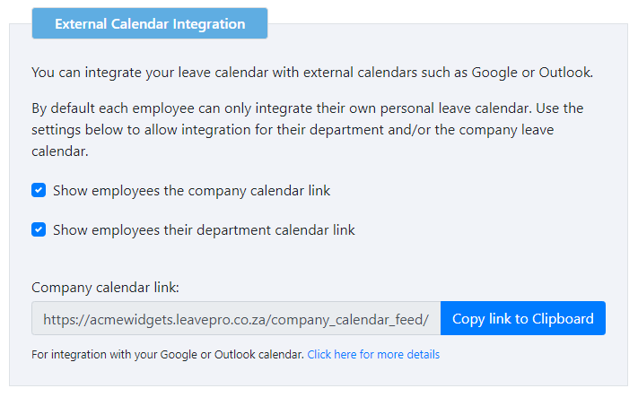 External Calendar Integration settings