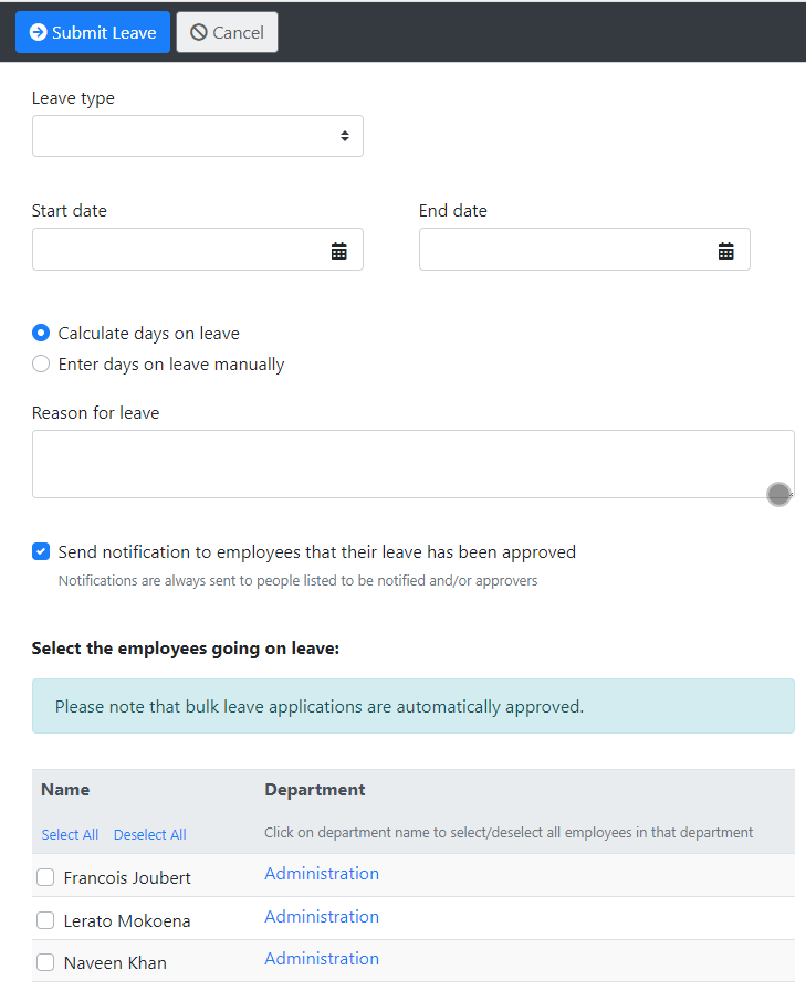 Bulk leave application form