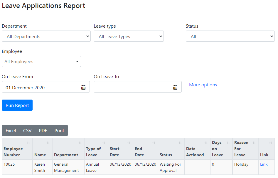 LeavePro leave applications report