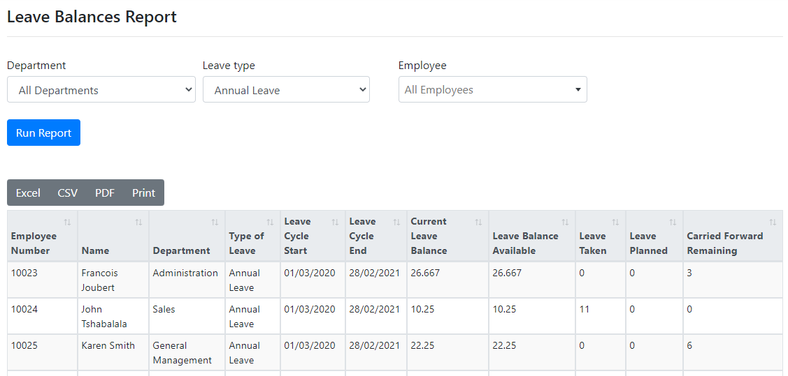 LeavePro leave balances report