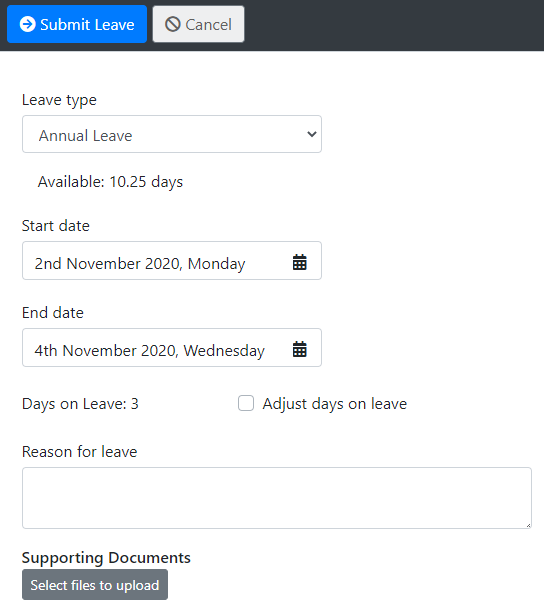 Leave application screen