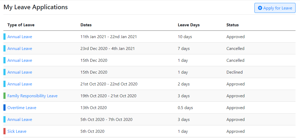 LeavePro My Leave Applications report