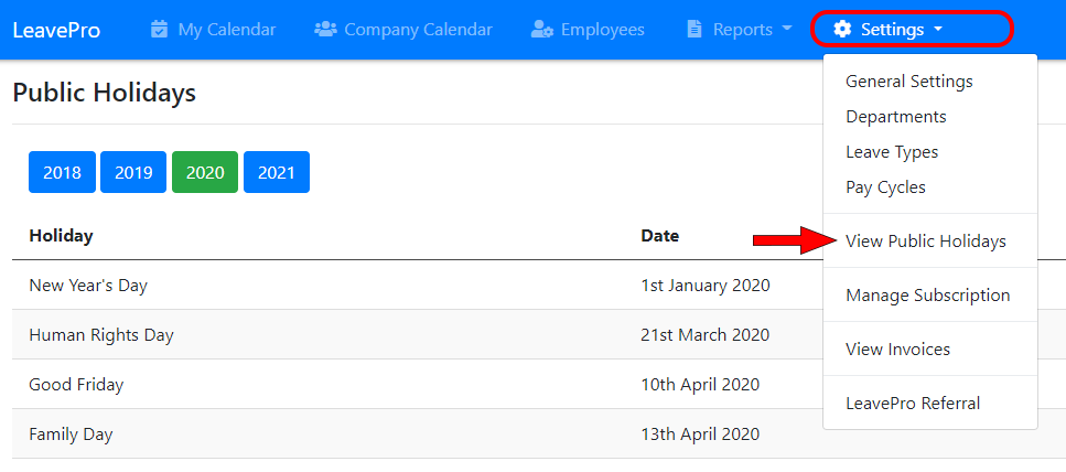 LeavePro public holidays menu