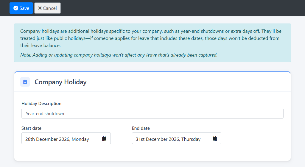 Adding a company holiday