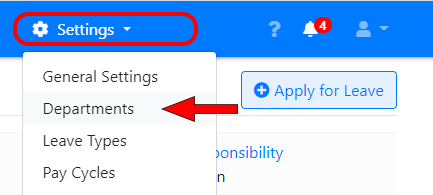 Selecting departments from the Settings menu
