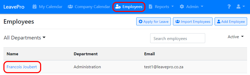 Employees screen showing employee names