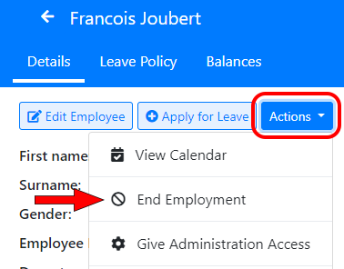 End Employee&rsquo;s employment menu option