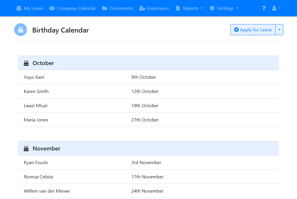 Birthday calendar