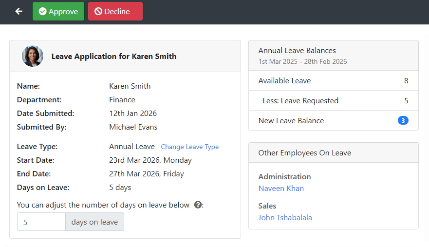 Manager approval view of a leave request