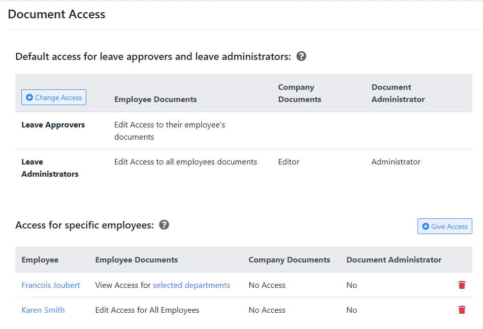 Security settings to control access to documents.