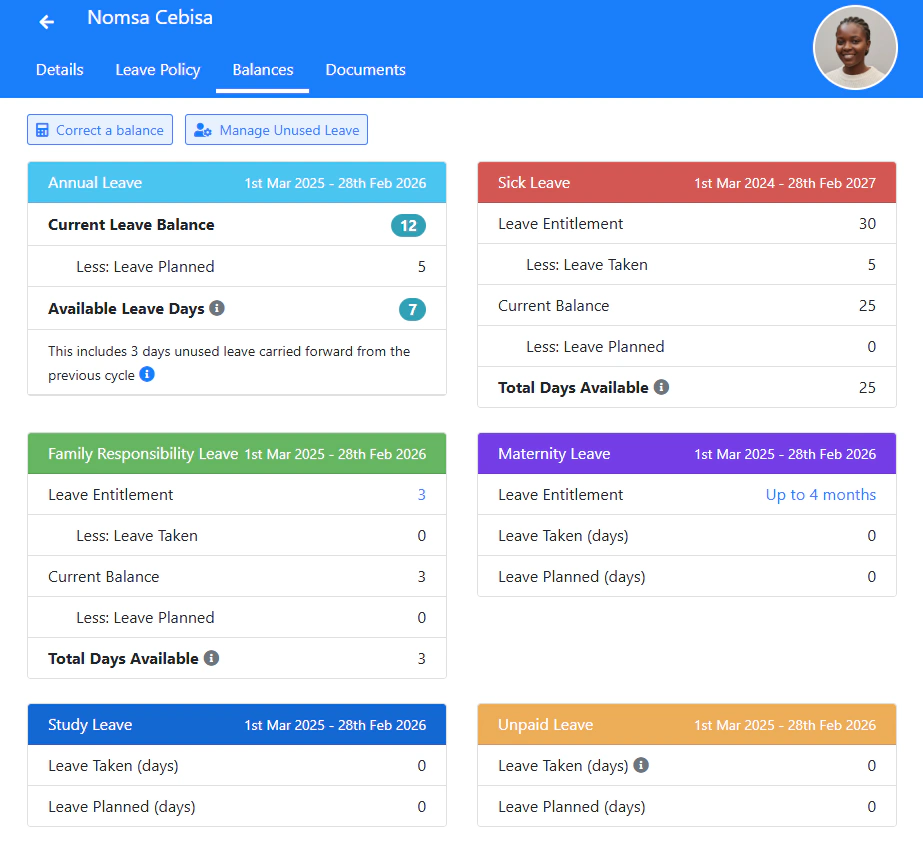 Leave balances dashboard showing employee totals for different leave types