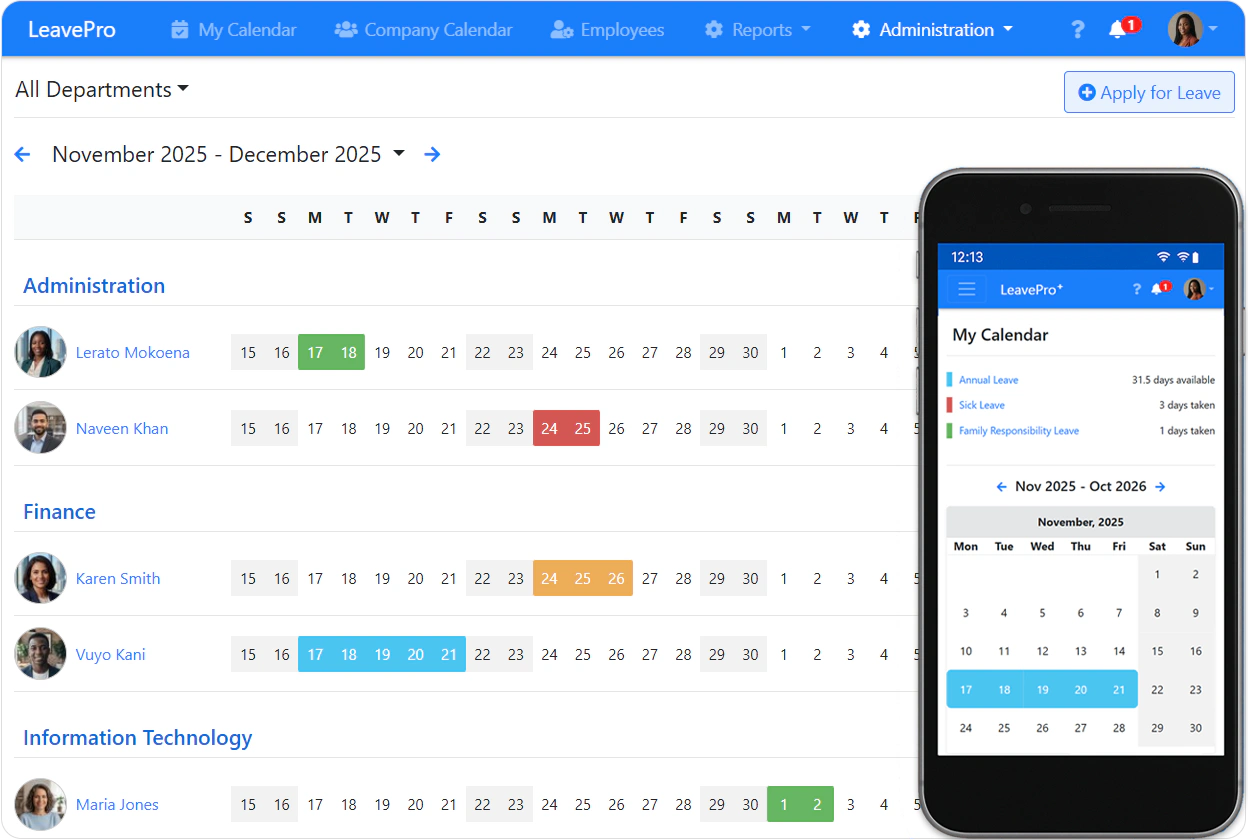 LeavePro Company Calendar Dashboard showing leave tracking